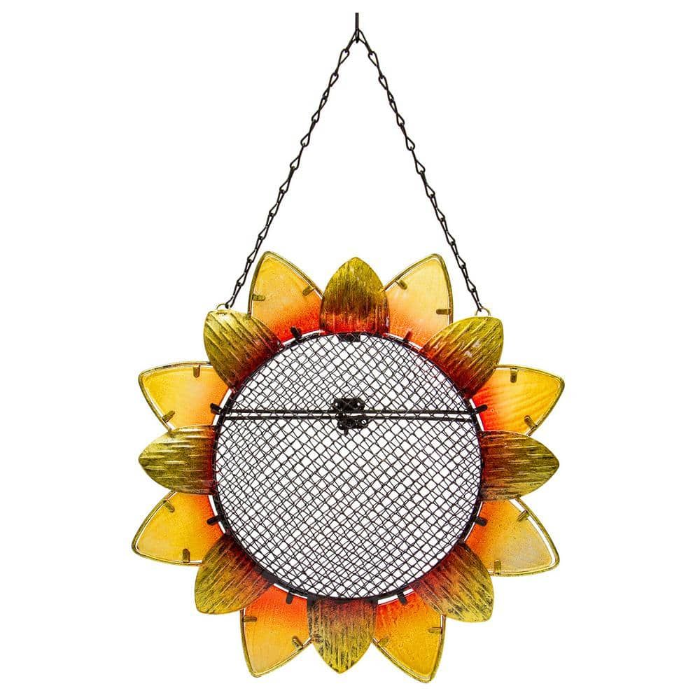 Yellow and Orange Glass and Metal Sunflower Hanging Bird Feeder