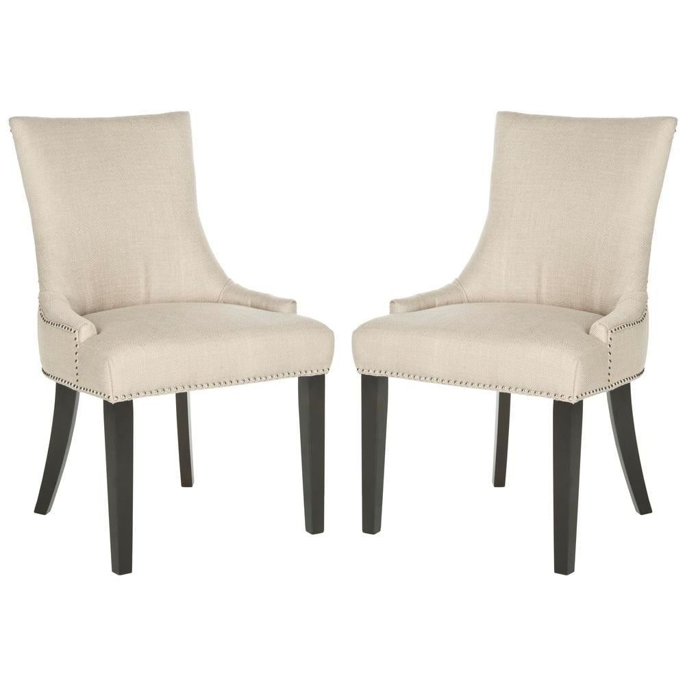 Ivory Linen Upholstered Parsons Side Chair with Gold Nailhead Trim