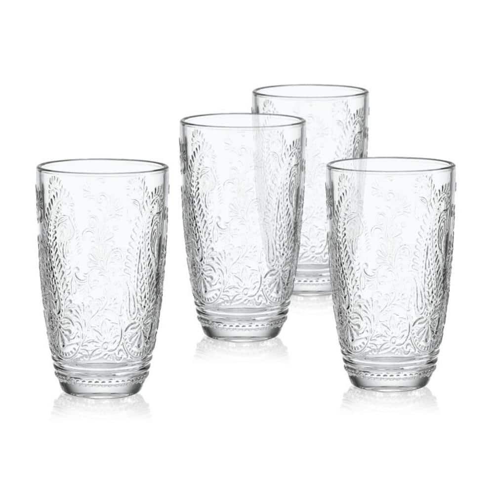 Clear Embossed Glass Highball Set with Paisley Floral Motif