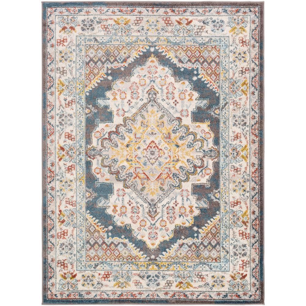 Teal and Beige Rectangular Synthetic Medallion Area Rug