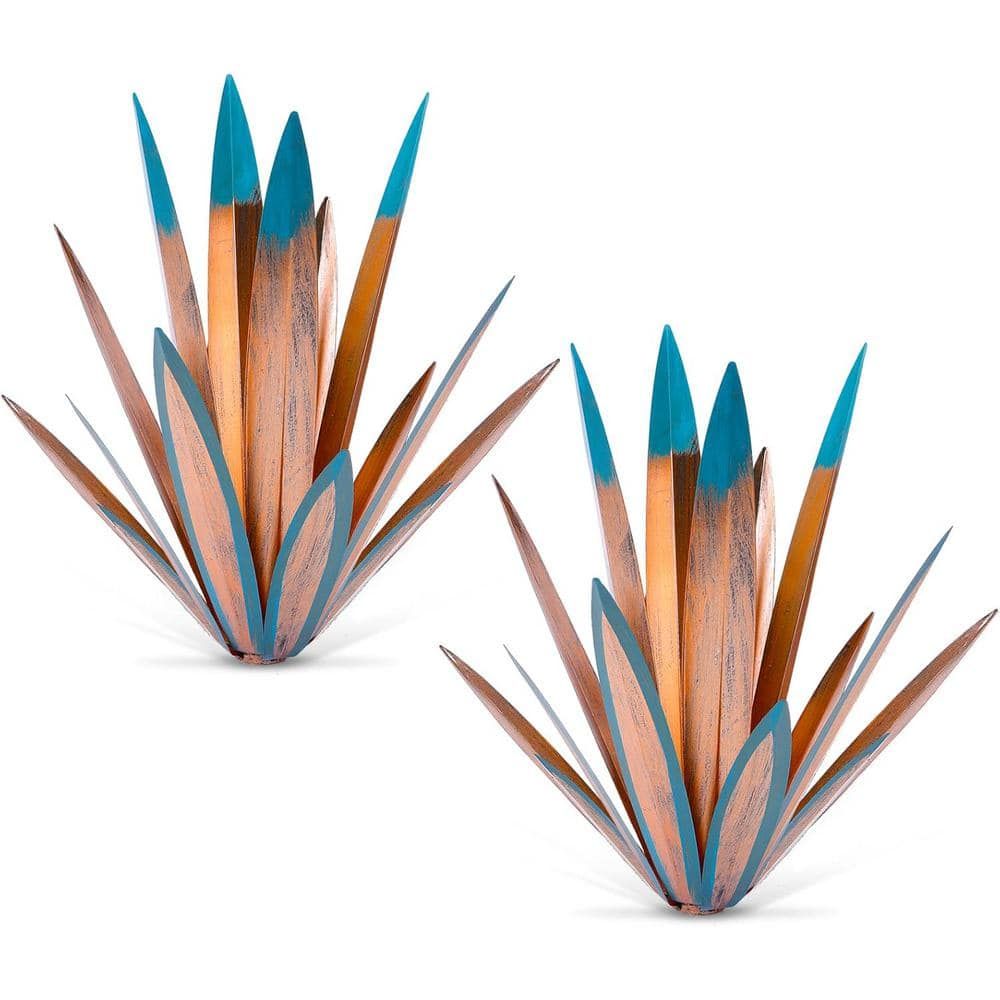 Large Orange and Blue Metal Agave Garden Sculpture