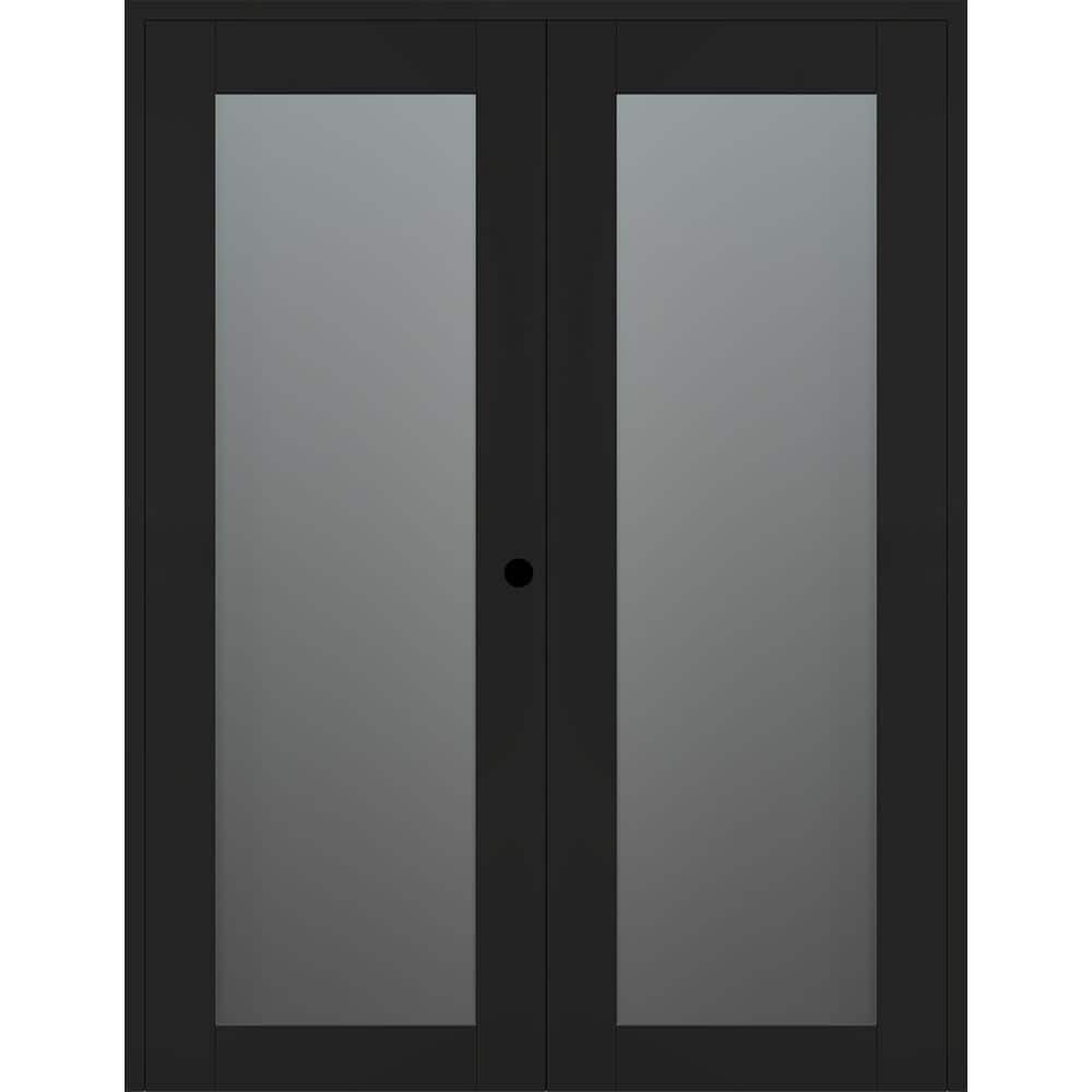 Black Matte Composite Double French Door with Frosted Glass Panels