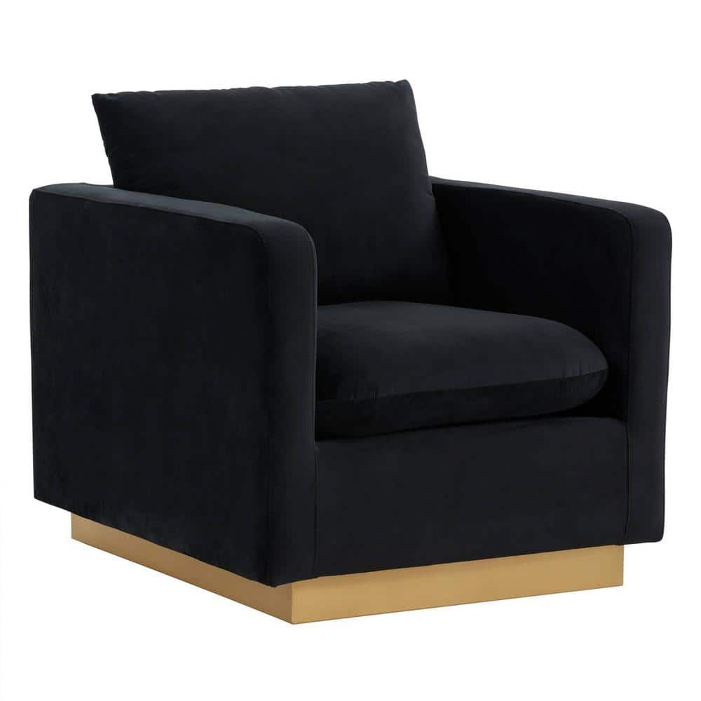 Midnight Black Velvet and Wood Accent Chair