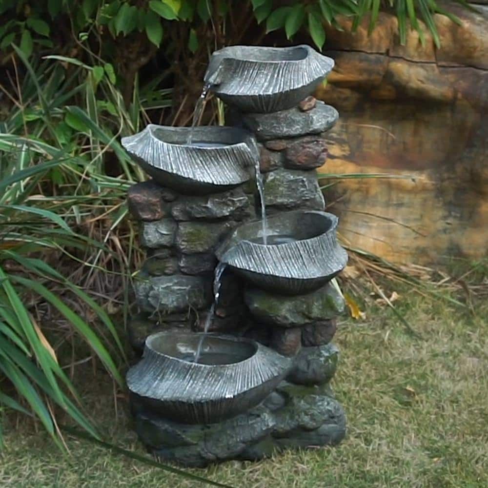 31 in. Tall Grey Stone 4-Tier Outdoor Rock Water Fountain with LED Lights