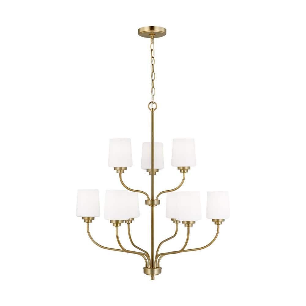 Windom Satin Brass 9-Light Transitional Chandelier with Etched Opal Glass