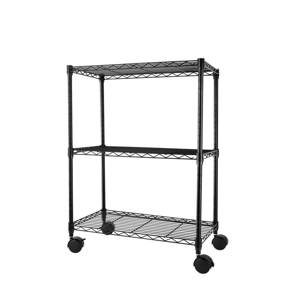 Black Adjustable 3-Tier Metal Wire Shelving Unit with Wheels