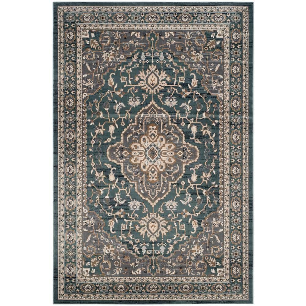 Teal and Grey Floral Synthetic 9' x 12' Area Rug