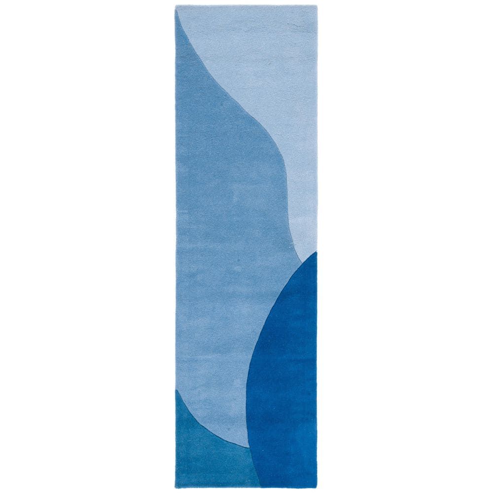 Handmade Mid-Century Modern Abstract Blue Wool Runner Rug - 2'3" x 10'