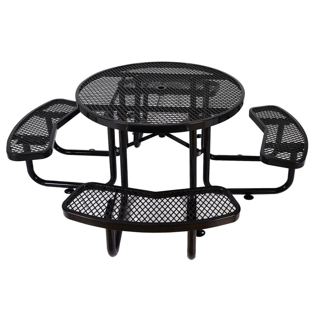 Black Steel Round Outdoor Picnic Table with Umbrella Hole