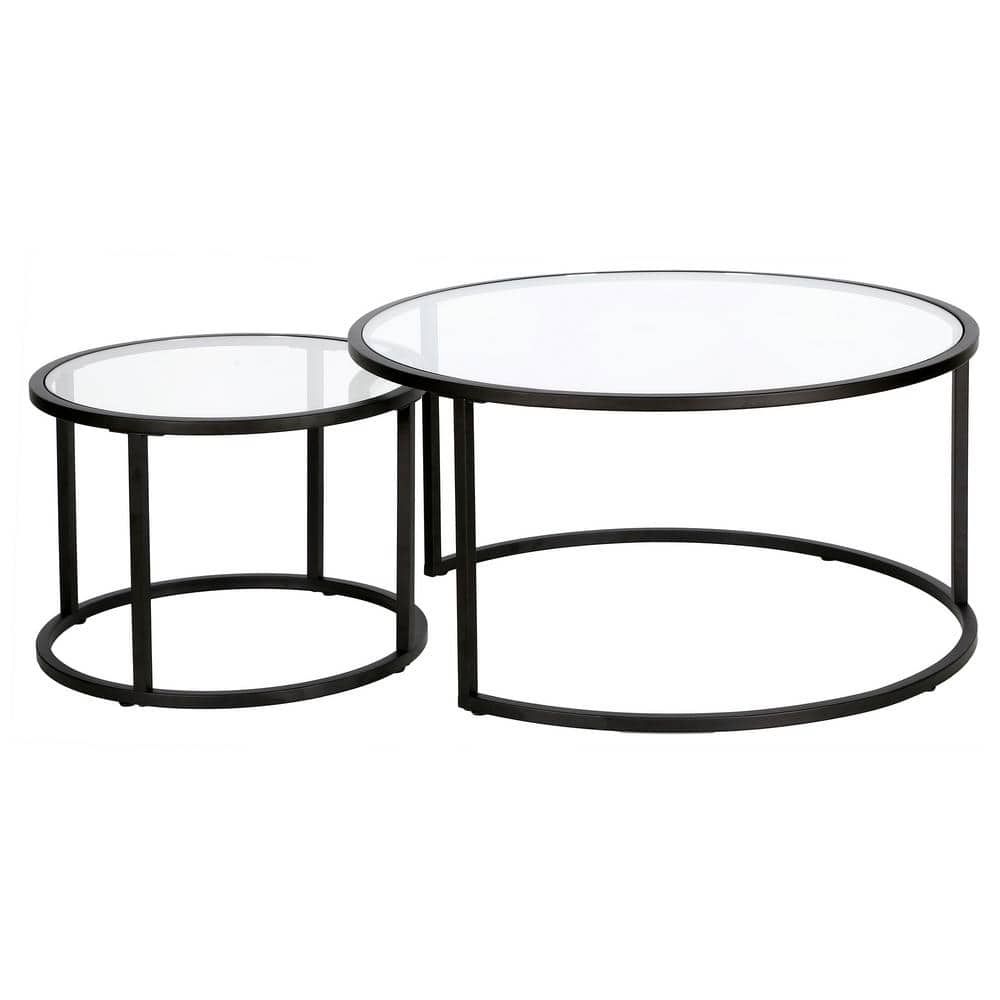 Aurora Blackened Bronze Round Nesting Coffee Table Set with Glass Tops