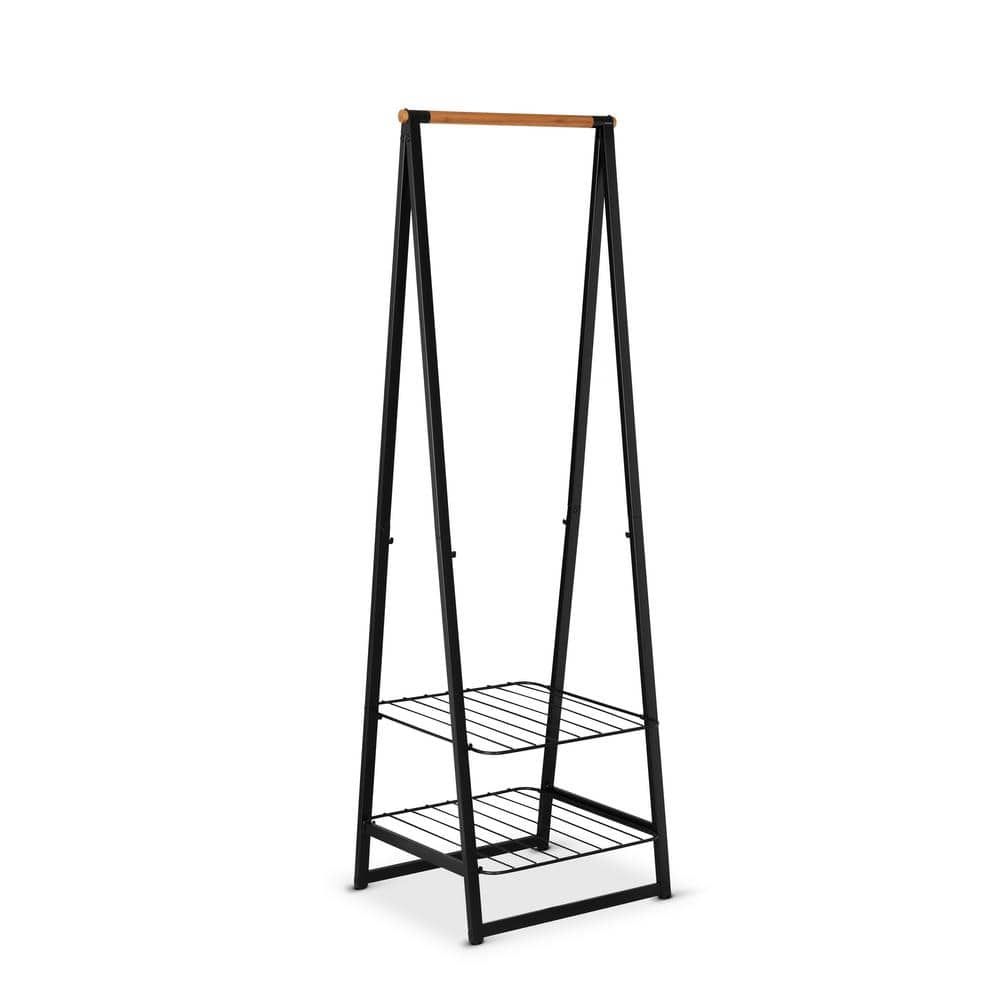 Black Steel and Bamboo Freestanding Garment Rack with Adjustable Shelves