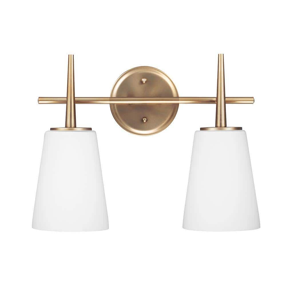 Satin Brass and Chrome 2-Light Wall Sconce with Etched Glass Shades