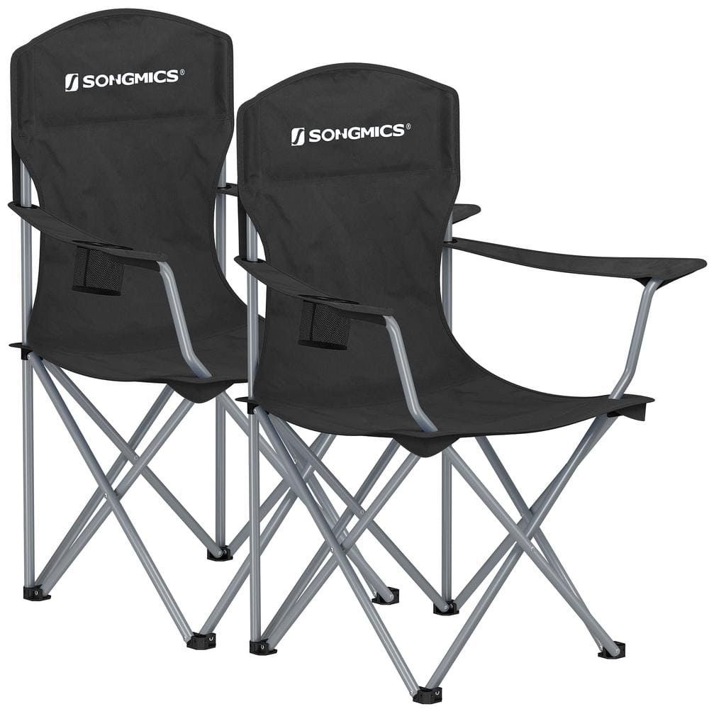 Set of 2 Black Folding Camping Chairs with Cup Holders