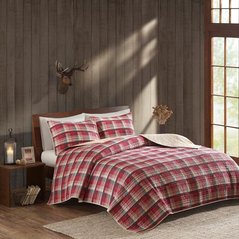 Red and Tan Plaid Cotton Reversible Full Quilt Set