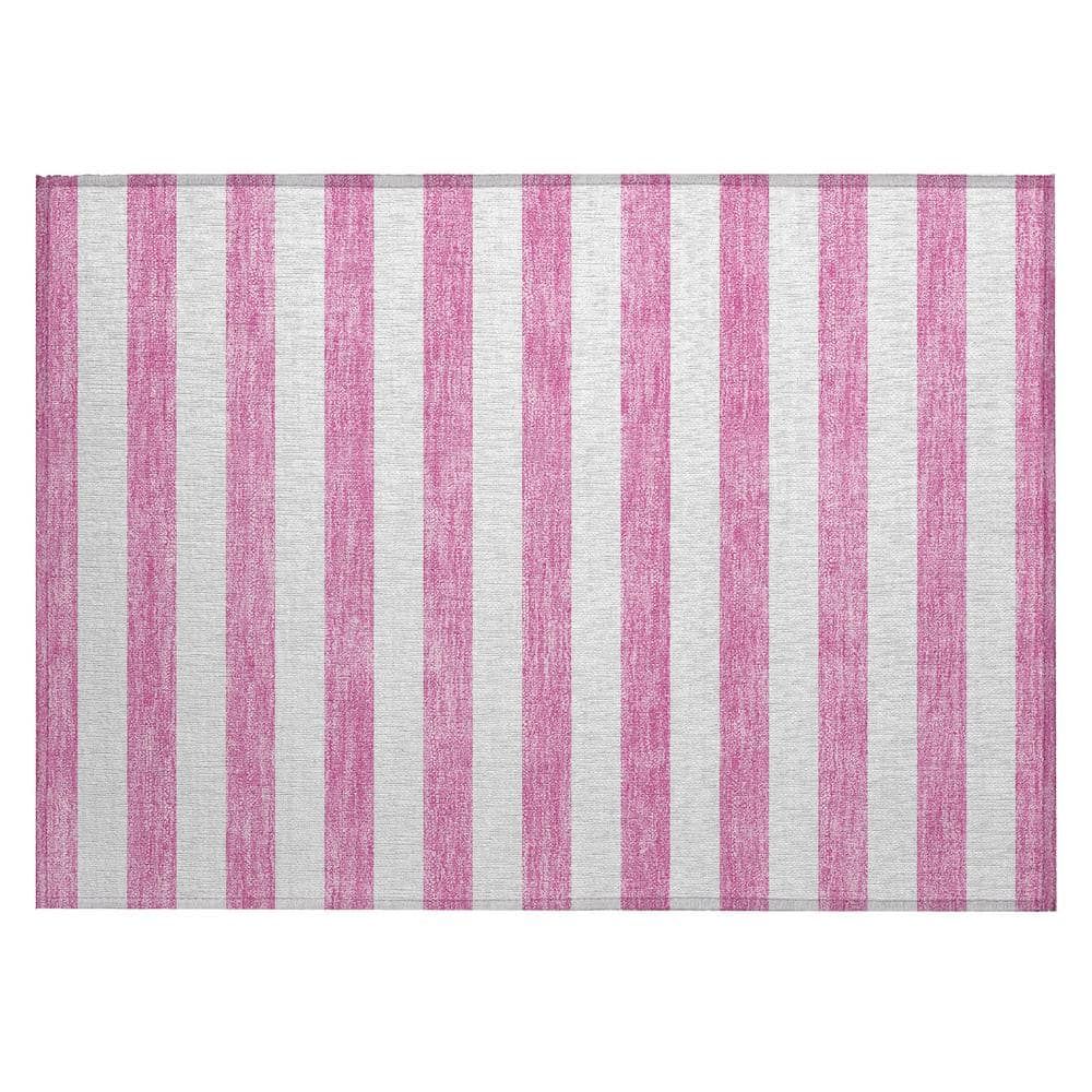 Pink and White Striped Synthetic Washable Area Rug