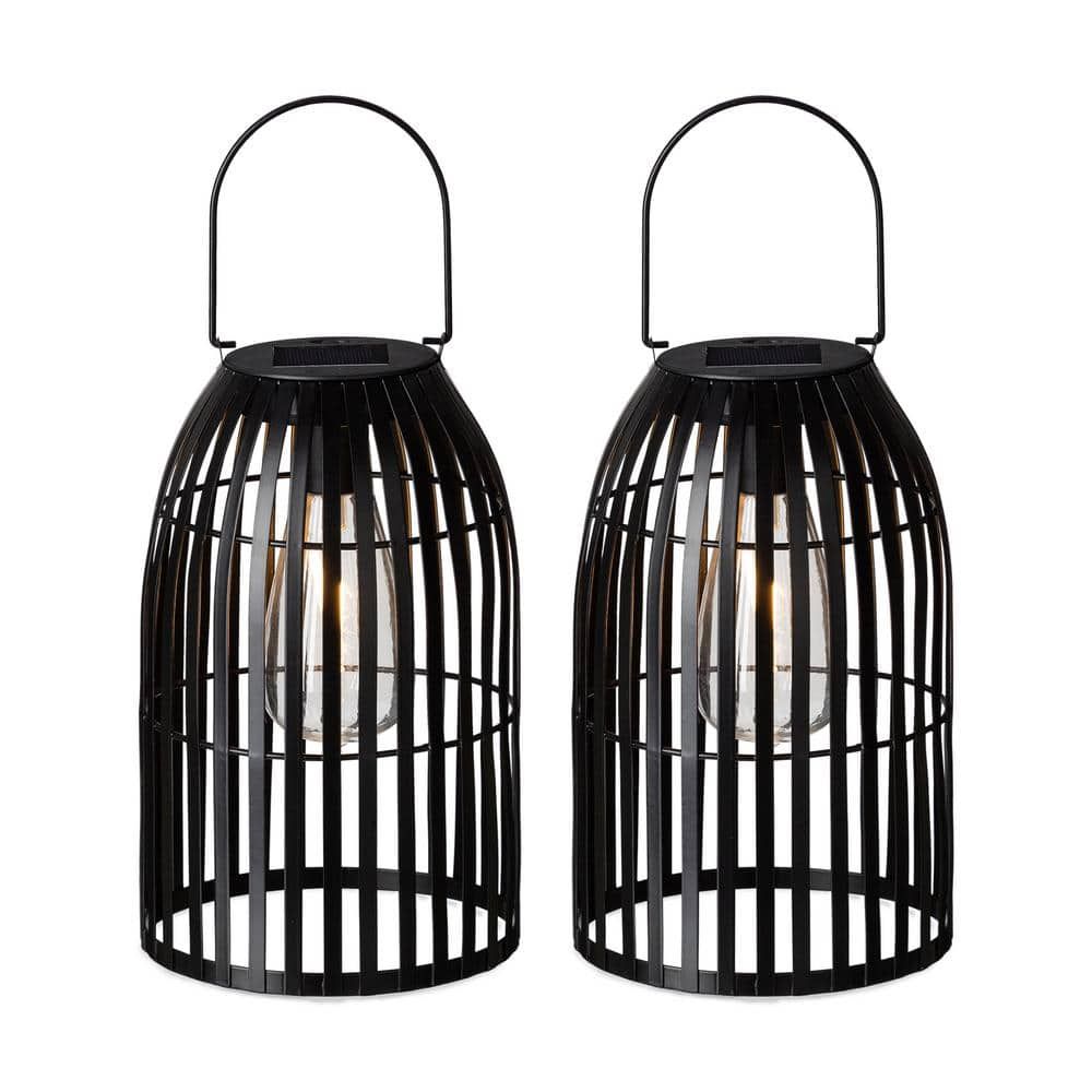 9.75" Black Metal Solar Powered Outdoor Hanging Lantern Set