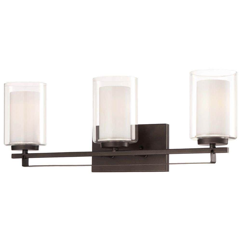 Smoked Iron Cylinder 3-Light Vanity Fixture with Etched White Glass