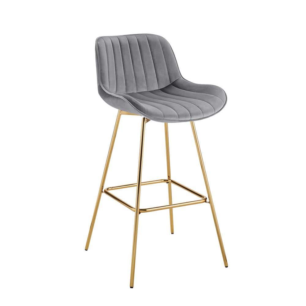 Luxurious Gray Velvet & Gold-Plated Swivel Bar Stool Set