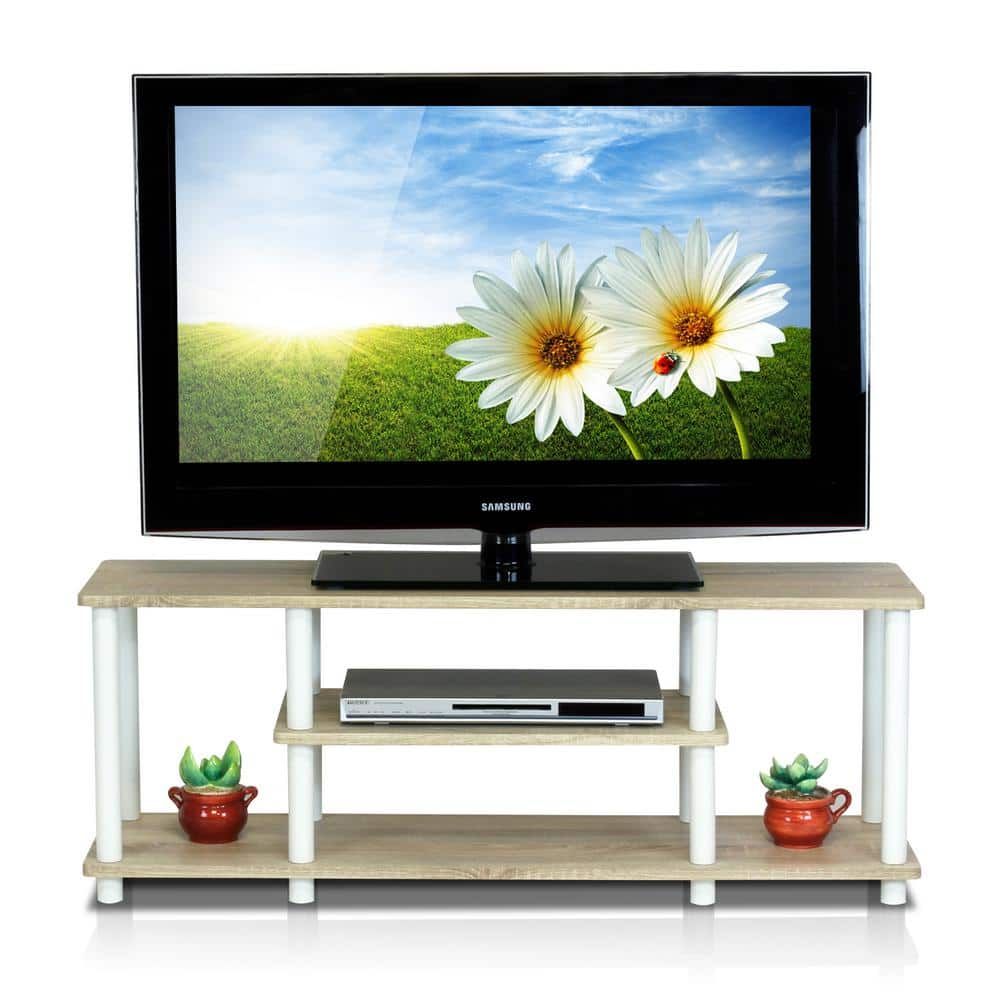 Oak and White 3-Tier Corner TV Stand with Cabinet