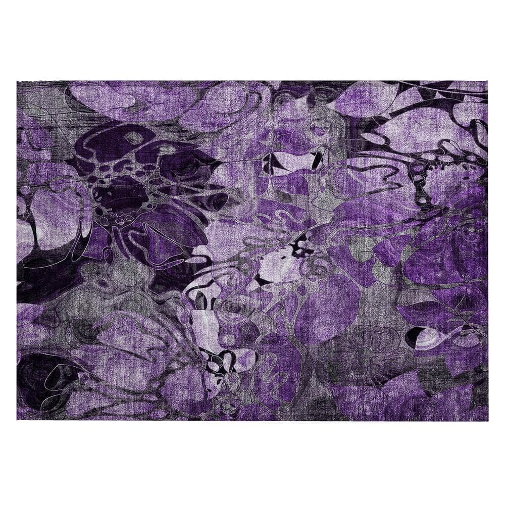 Purple Floral Synthetic Washable Rectangular Rug