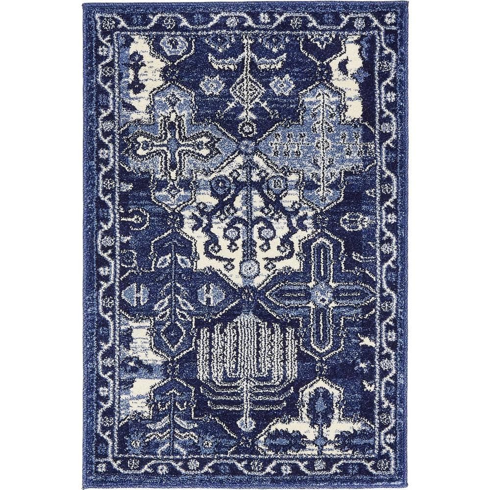 Coastal Blue Ivory Easy Care Rectangular Synthetic Rug