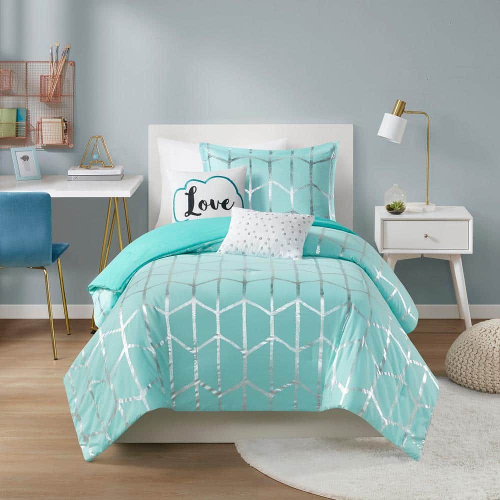 Aqua and Silver Twin Microfiber Comforter Set with Shams