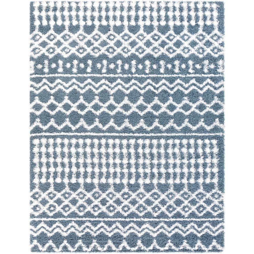 Denim Blue and White Rectangular Shag Area Rug