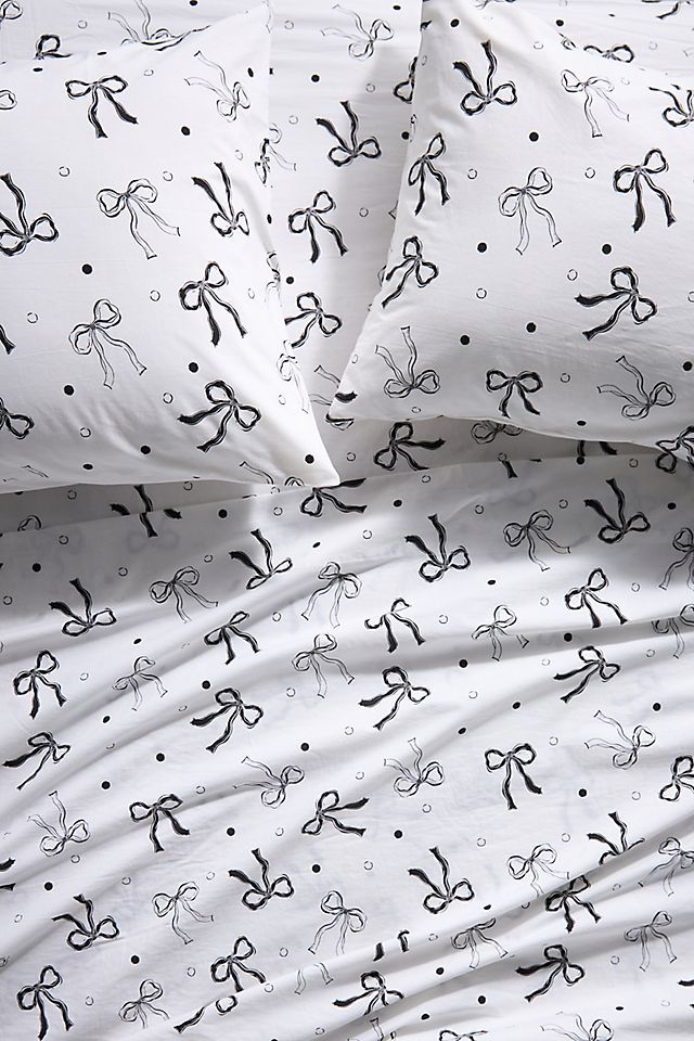 White Organic Cotton Percale Sheet Set with Bow Print