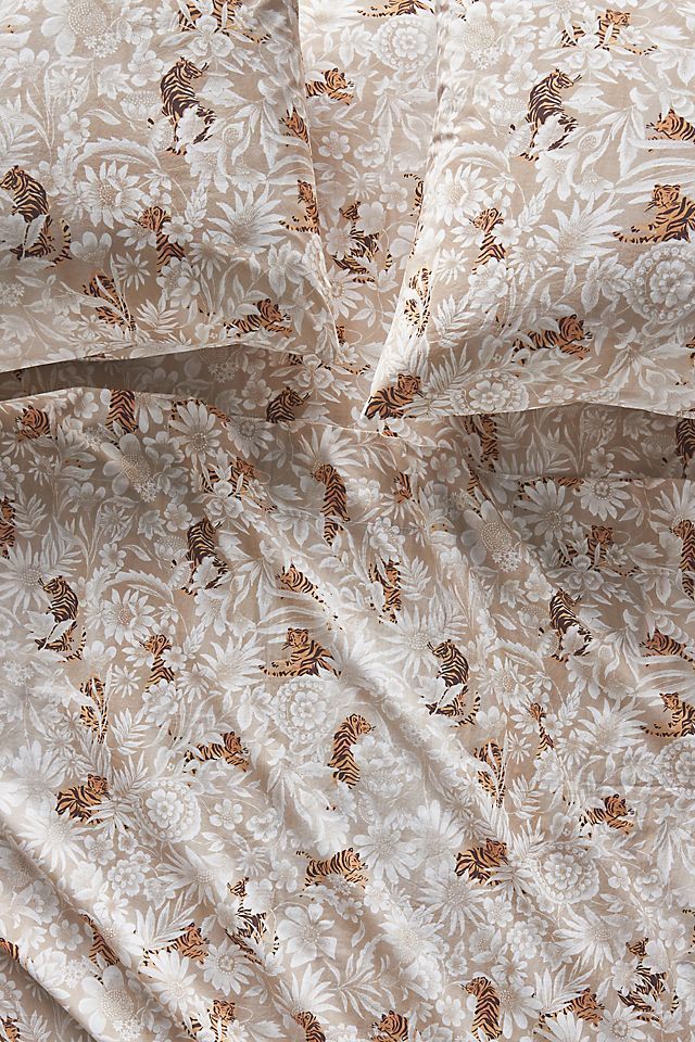 Beige Organic Cotton Percale Tiger Print Sheet Set