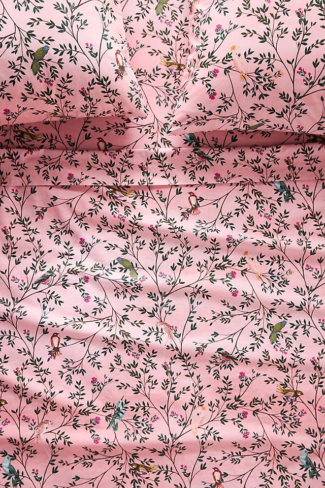 Pink Organic Cotton Percale Floral Printed Sheet Set