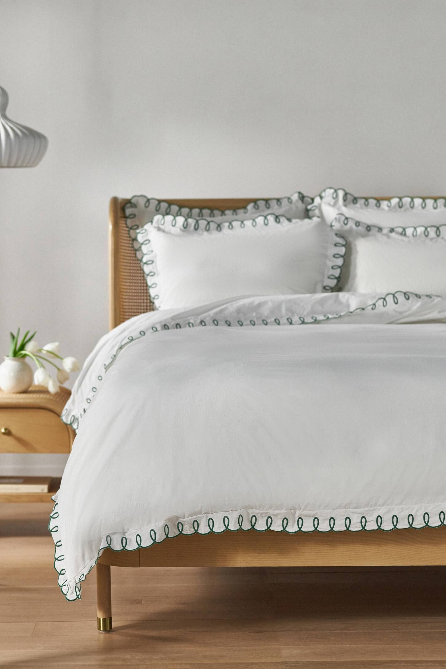 White Organic Cotton Embroidered Loop Trim Duvet Cover