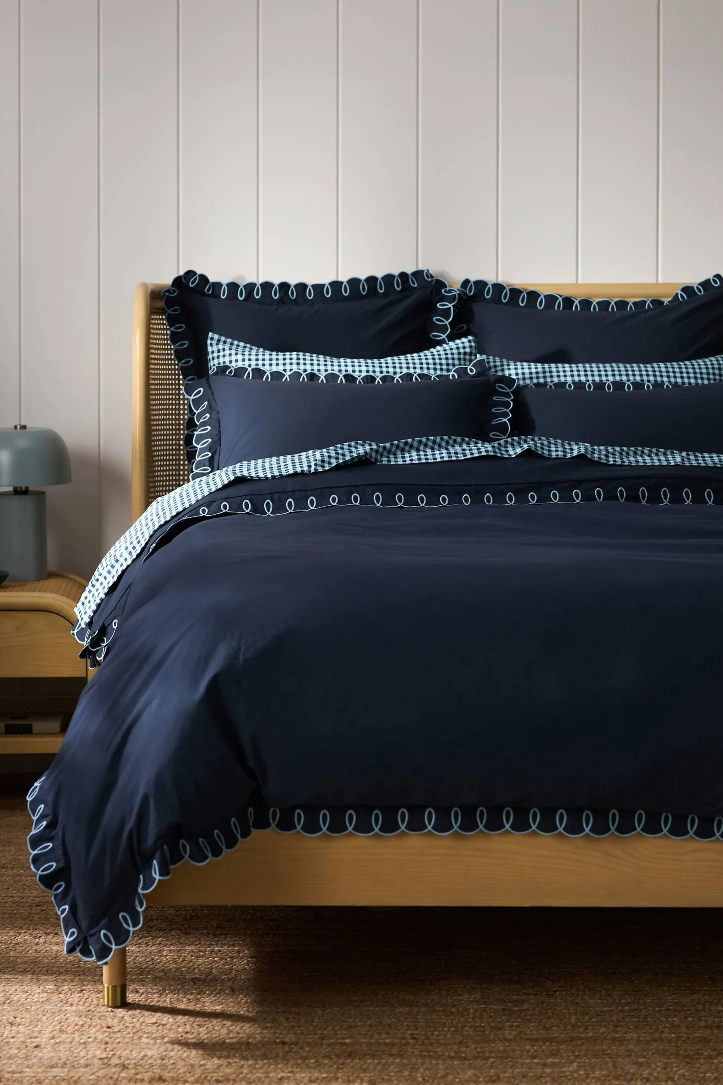Navy Organic Cotton Embroidered Loop Trim Duvet Cover