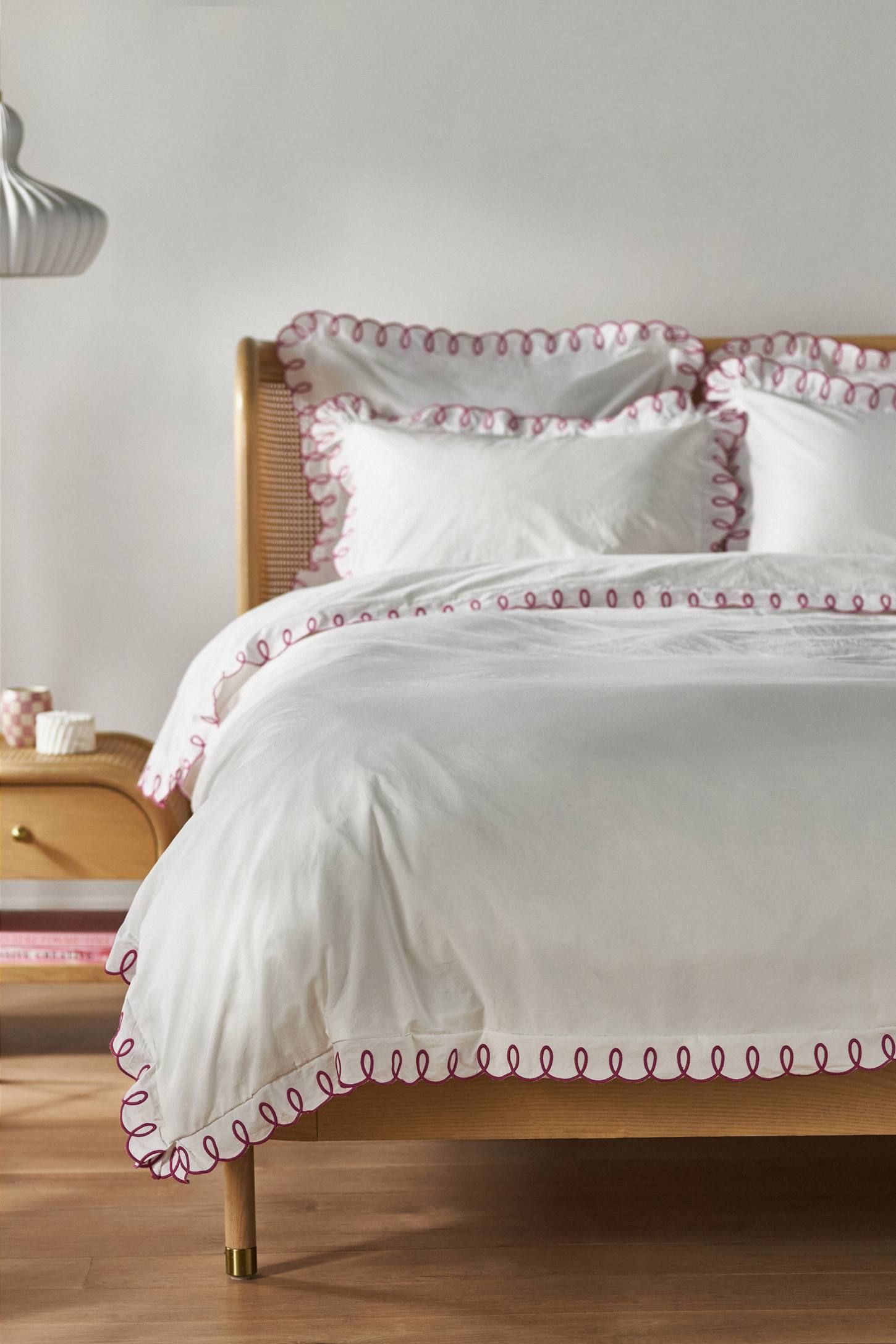 White Organic Cotton Duvet Cover with Red Embroidered Trim