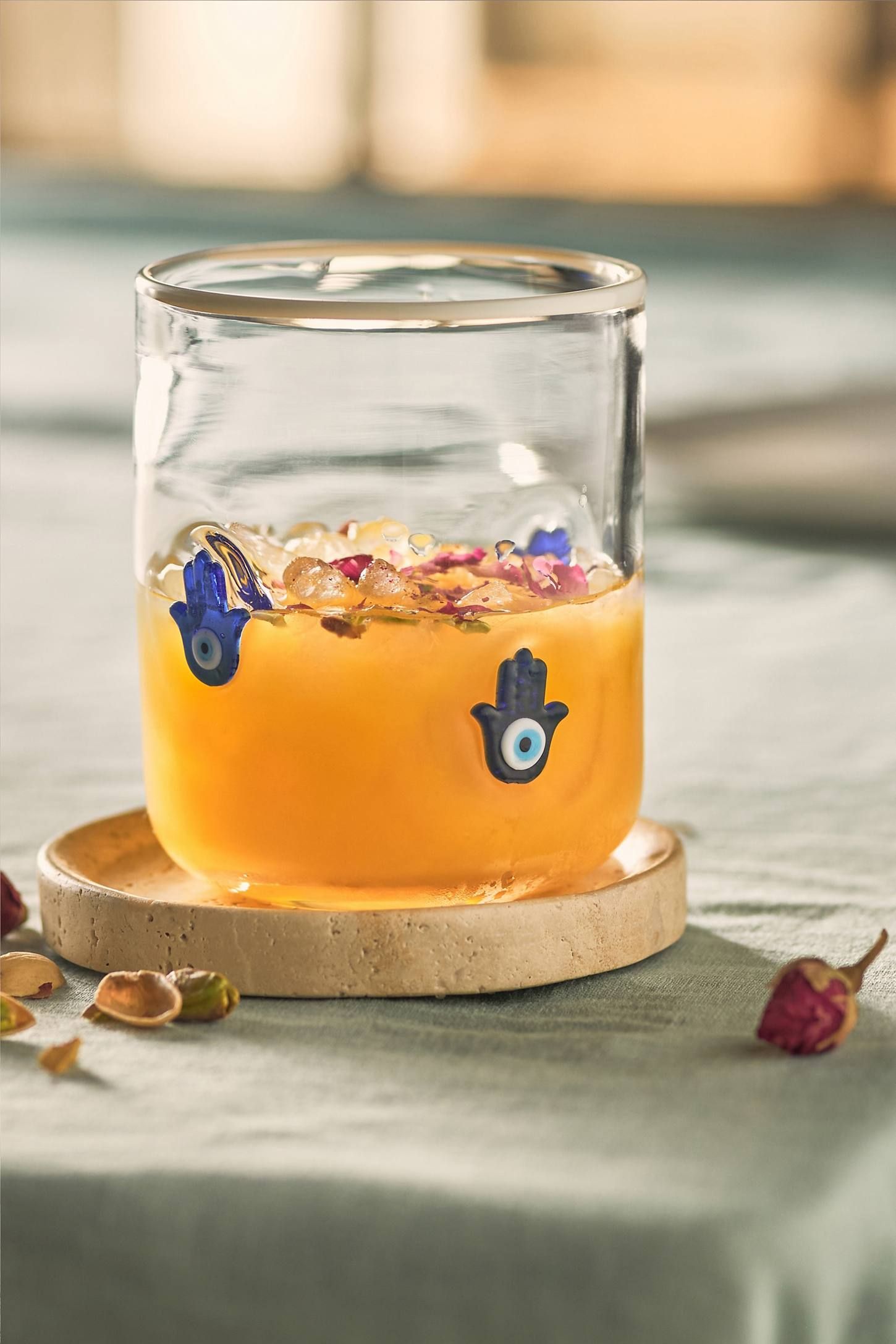 Hand-Embellished Clear Glass Juice Tumbler with Garden Motifs