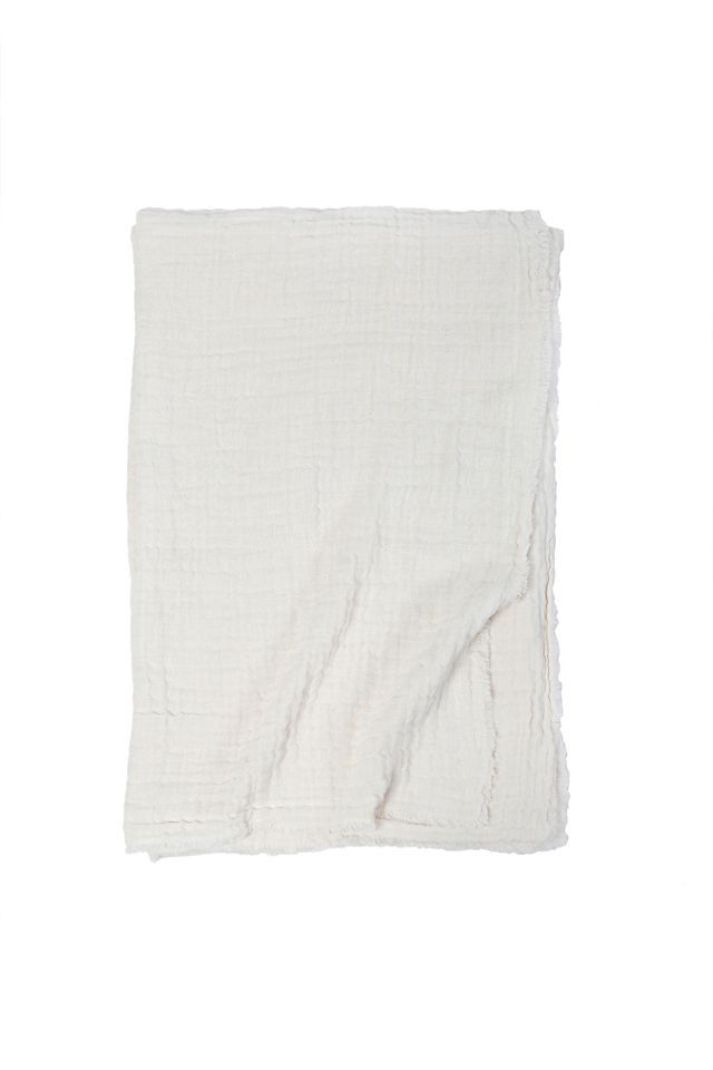 White Cotton Linen Frayed Edge Machine Washable Throw Blanket