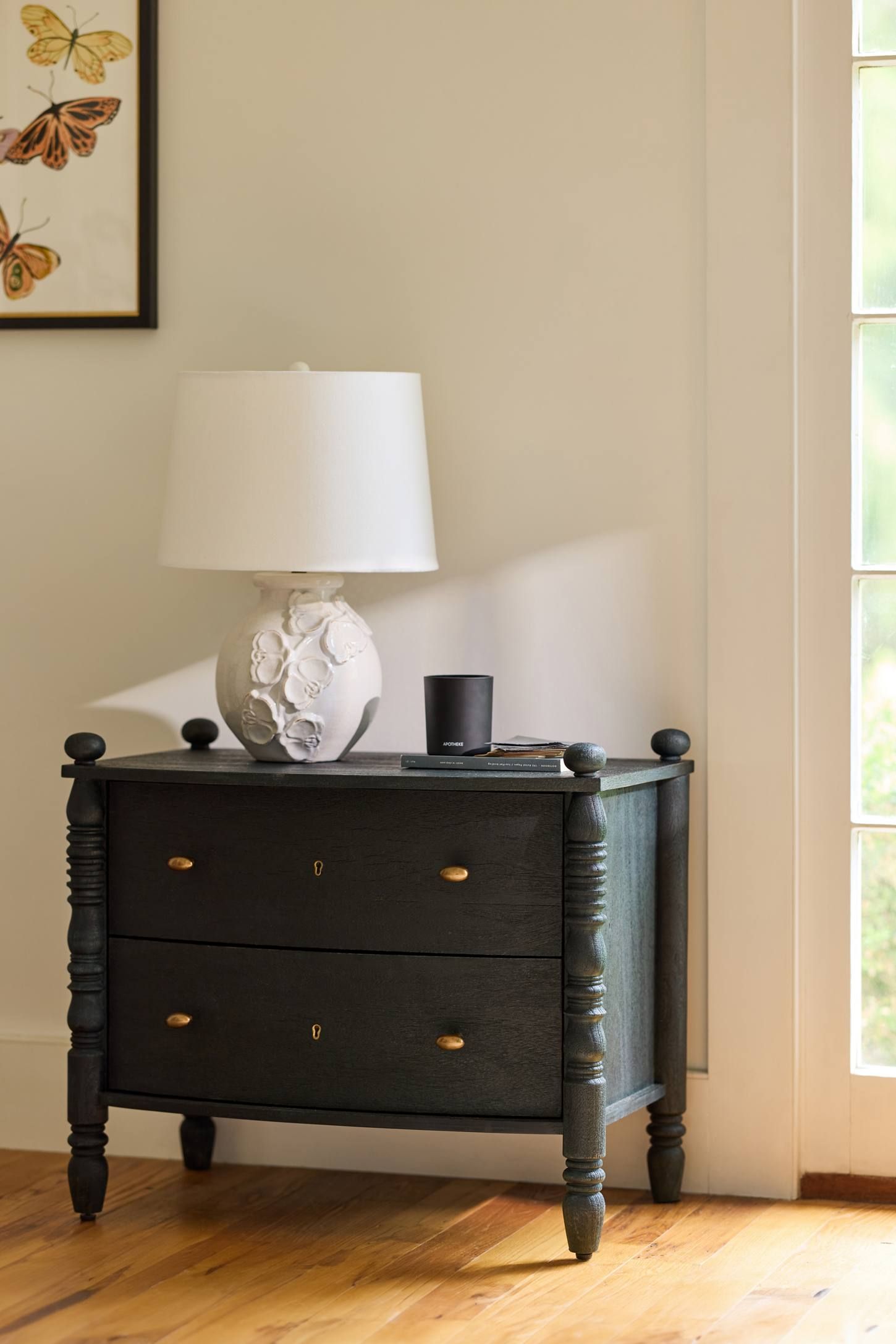 Black Solid Wood Spindle Nightstand with Brass Knobs