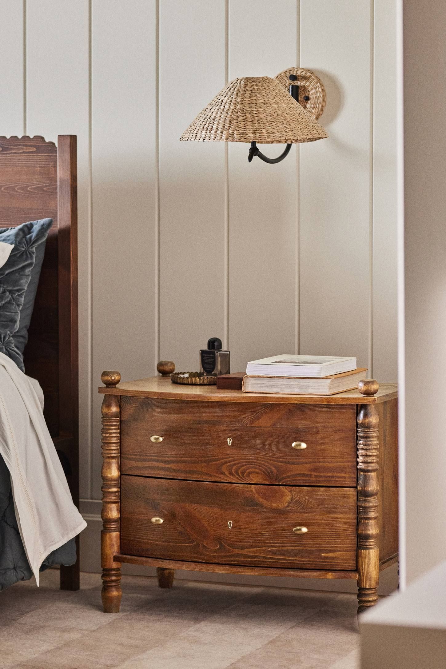 Dark Brown Solid Wood Spindle Nightstand with Brass Knobs