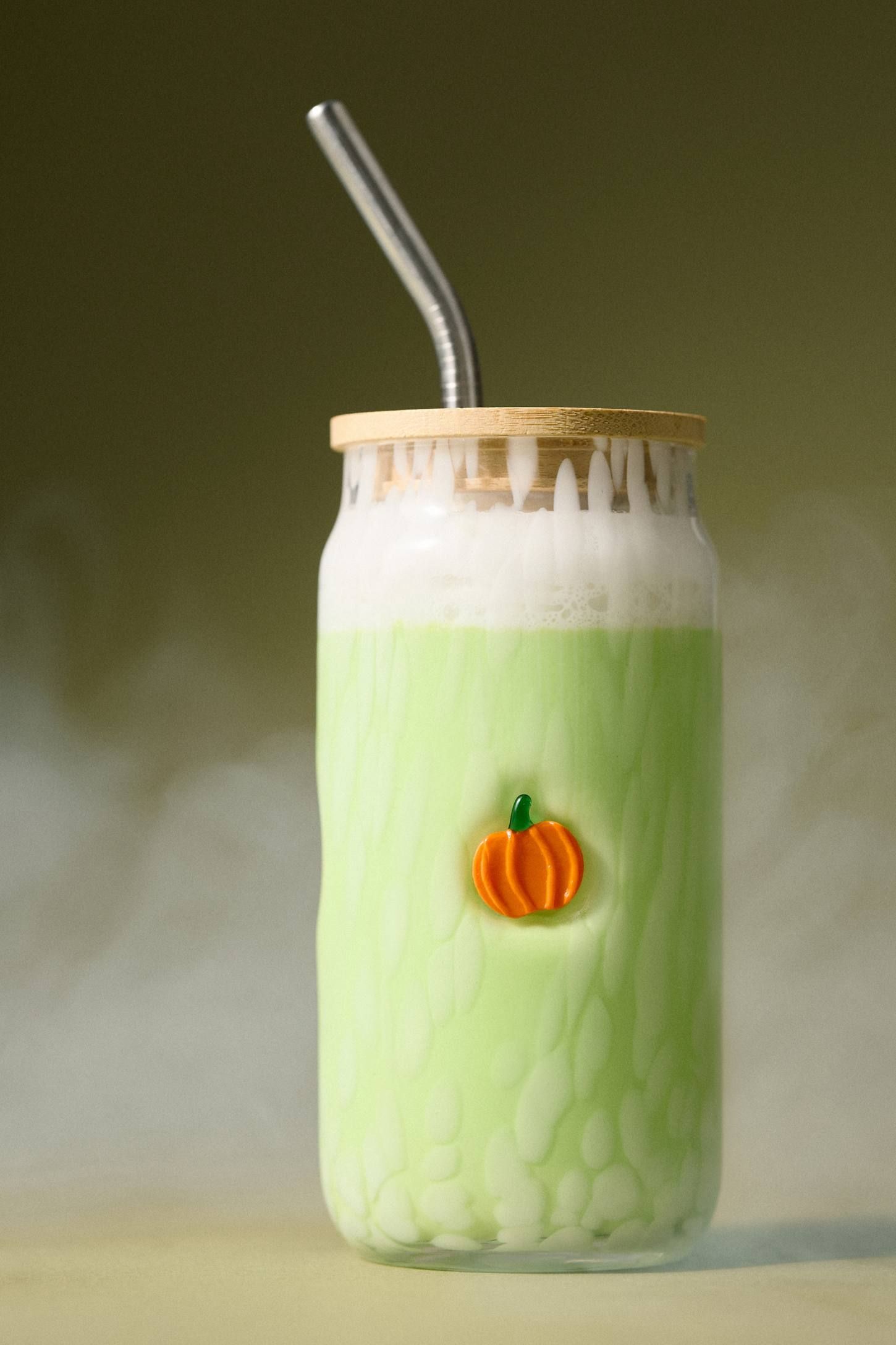 Handblown Glass Tumbler with Bamboo Lid and Metal Straw