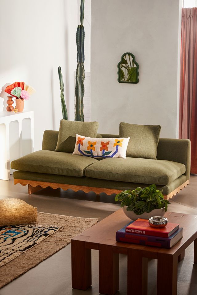 Moss Green Rubberwood 3-Seater Sofa with Scalloped Base