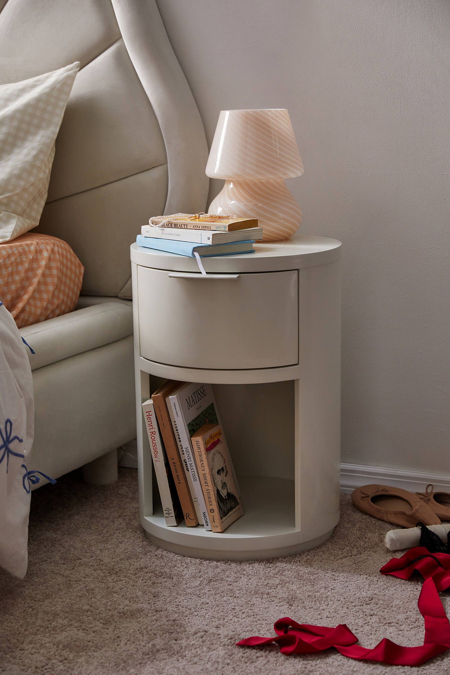 Ivory Round Poplar Wood Nightstand with Storage