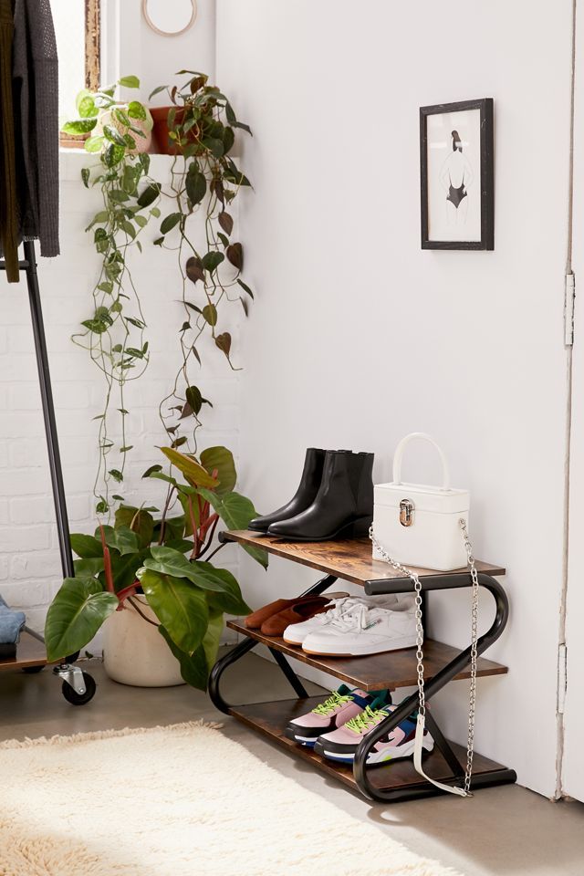 Matte Black Metal and Wood 3-Tier Shoe Rack