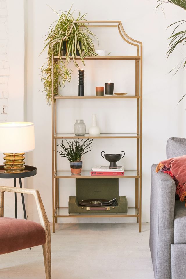 Satin Gold Regency-Inspired Metal and Glass 5-Tier Bookcase