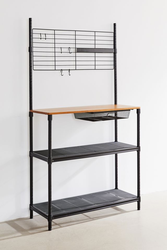 Modern Black Steel Kitchen Baker's Rack with Wood Cutting Board