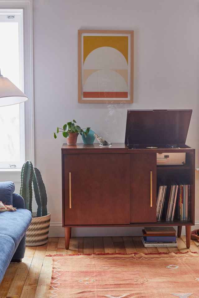 Everett Mid-Century Modern Brown Media Console with Record Storage