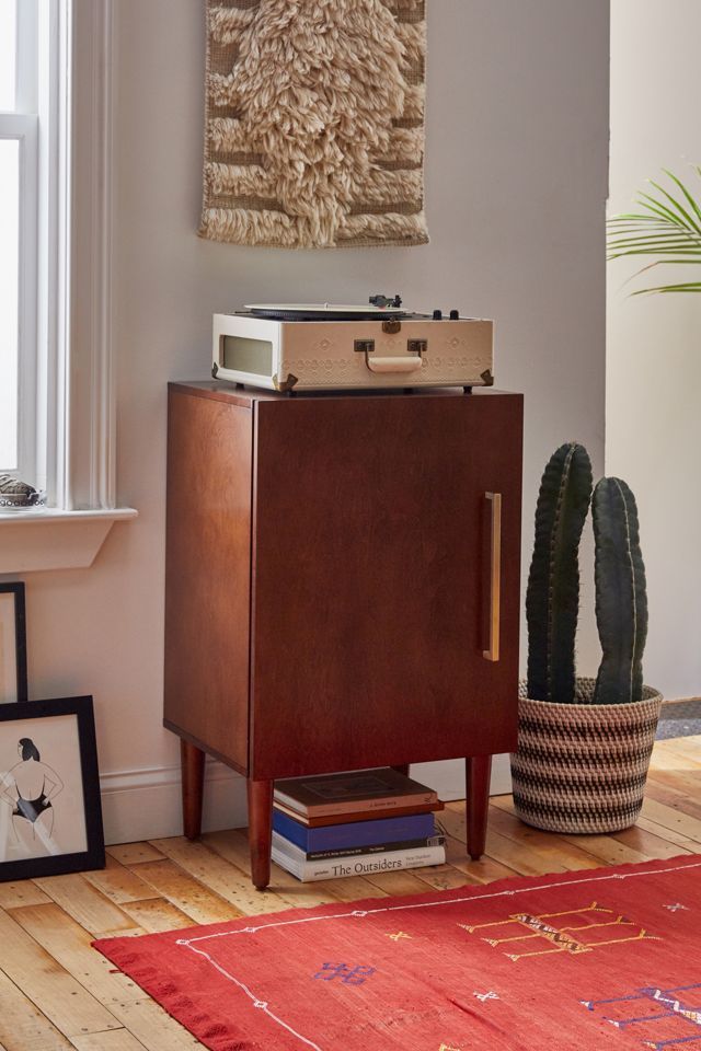 Mid-Century Brown Wood Record Player Cabinet with Gold Accents