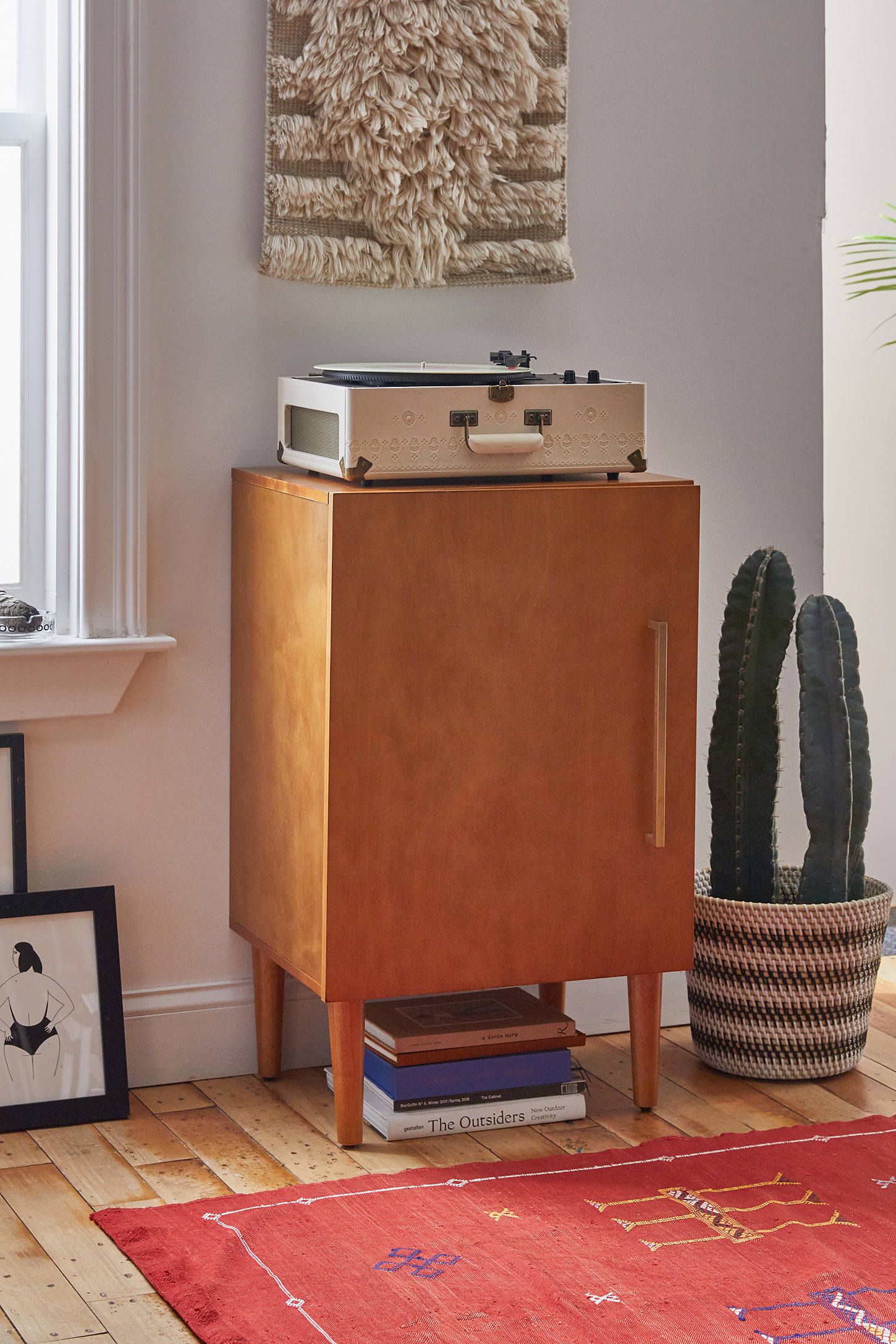 Mid-Century Brown Wood Record Player Cabinet with Gold Accents