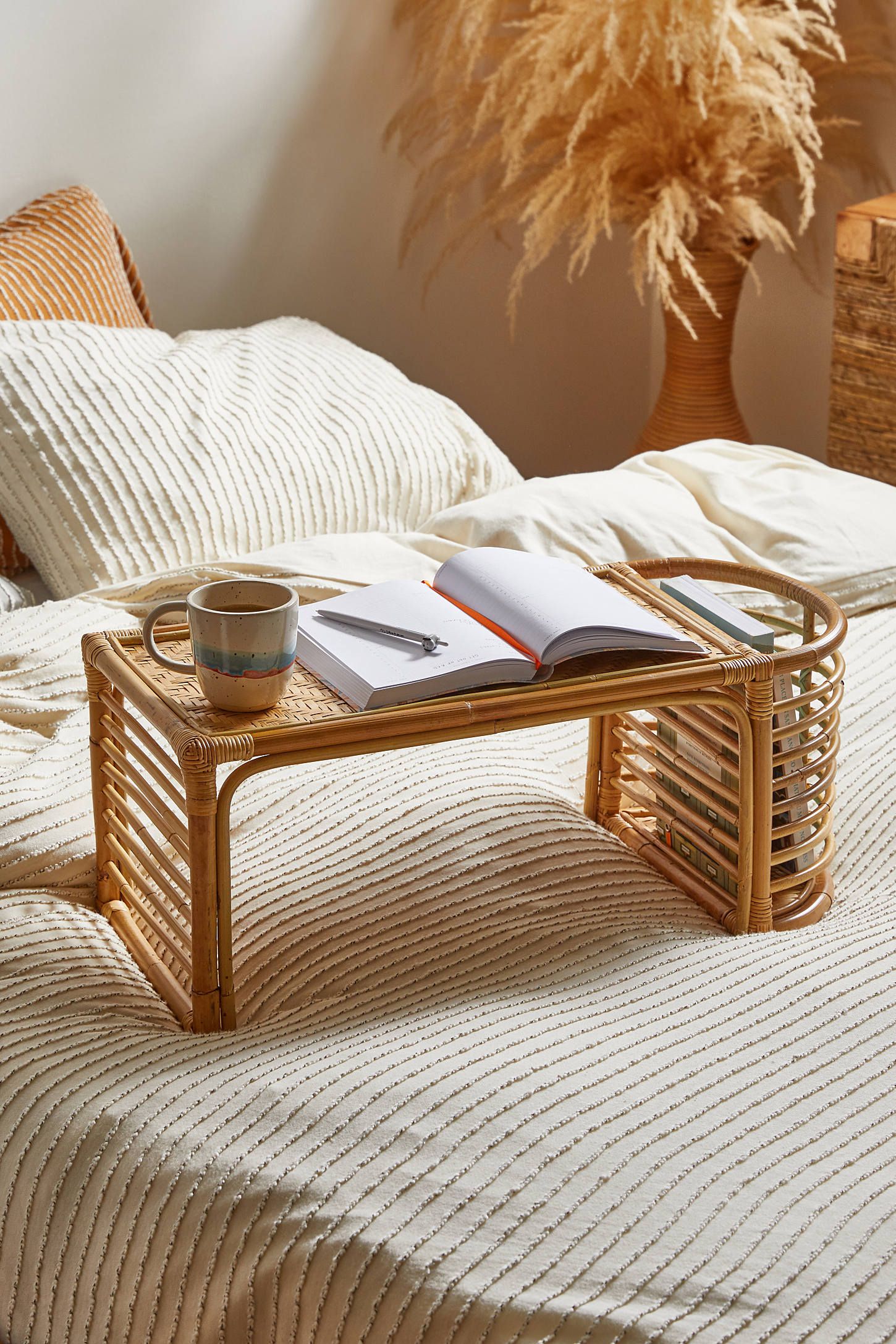 Natural Rattan and Bamboo Boho Bed Tray with Side Pocket