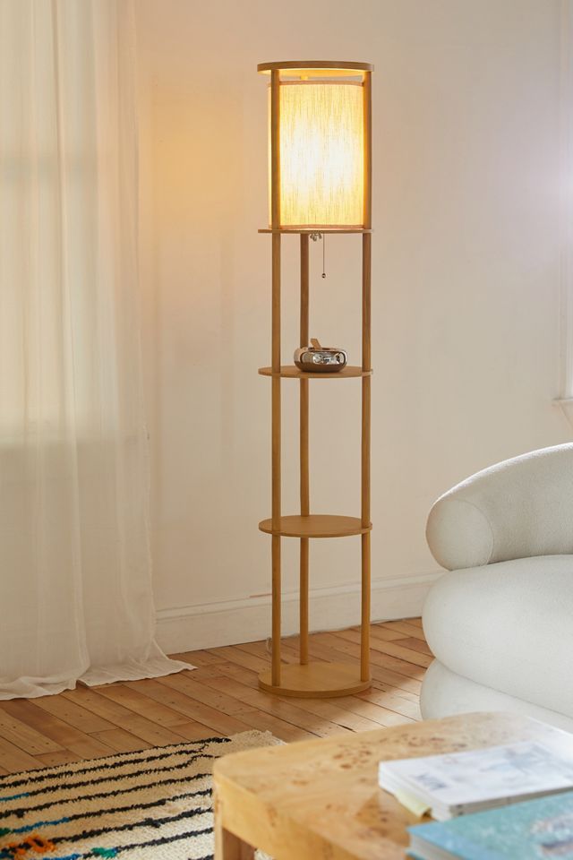 Scandinavian Modern Off-White & Natural Wood Shelf Floor Lamp