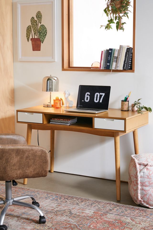 Perry White and Natural Wood Computer Desk with Drawers