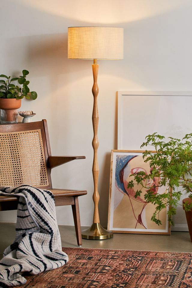 Antique Brass & Natural Oak Off-White Shade Modern Bohemian Floor Lamp